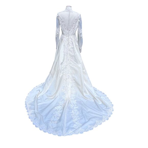 Vtg 70's Victorian Prarie Ivory Custom Bridal Dress Gown Train + Juliet Cap Veil - Picture 2 of 16